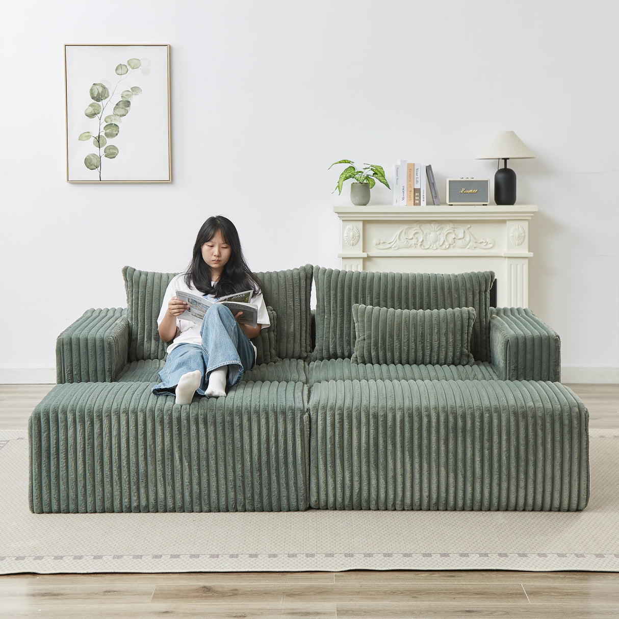 87' Oversized Sectional Lounge Chaise with Plush Corduroy Fabric