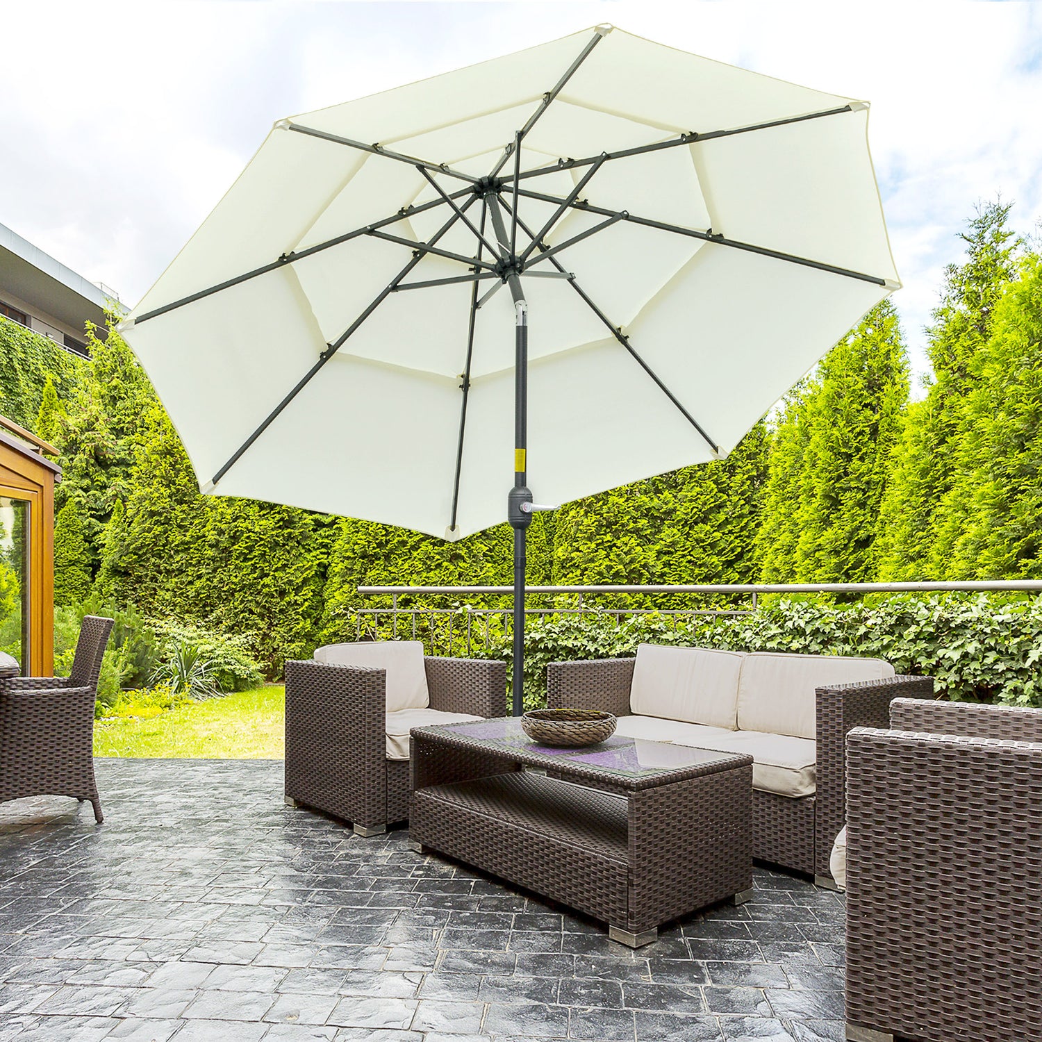 9ft 3 tiers patio umbrella outdoor market umbrella with crank, push button tilt for deck, backyard and lawn, beige