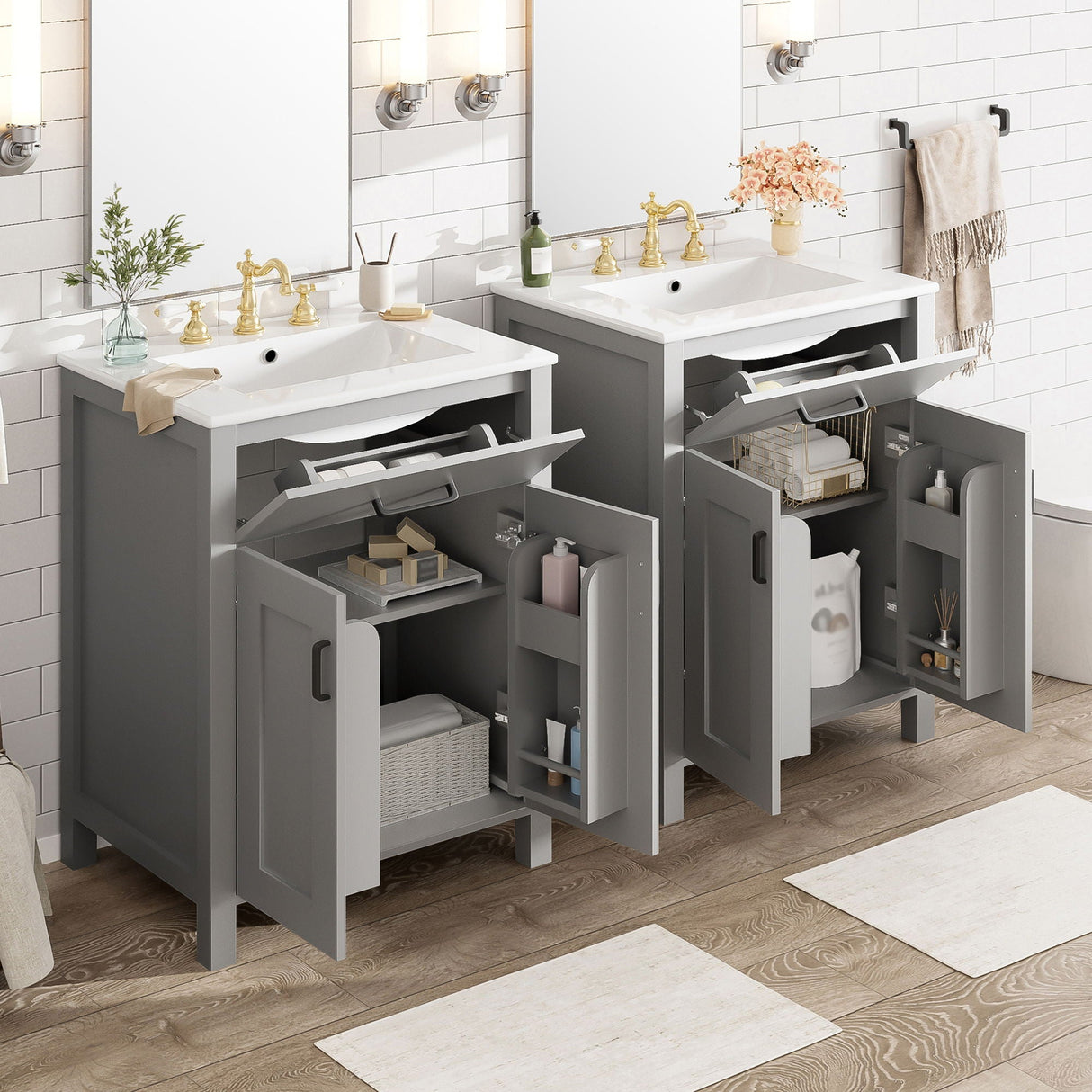 Bathroom Vanity With Ceramic Sink, Soft Close Doors, Flip Drawer, Double Layer Door Shelves