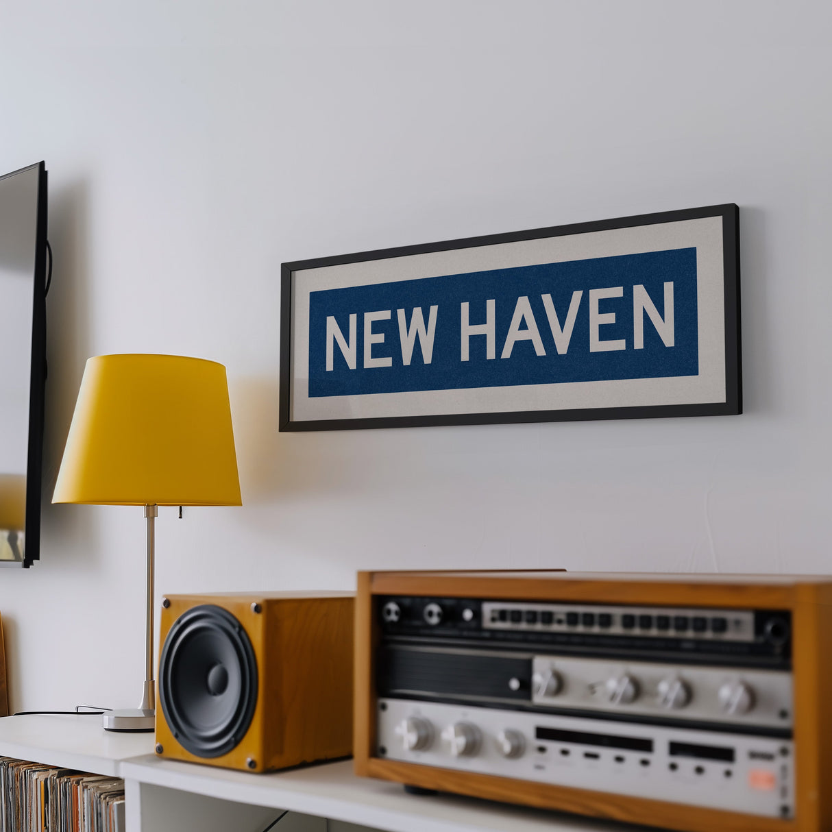 Framed New Haven Blue and White Bus Scroll