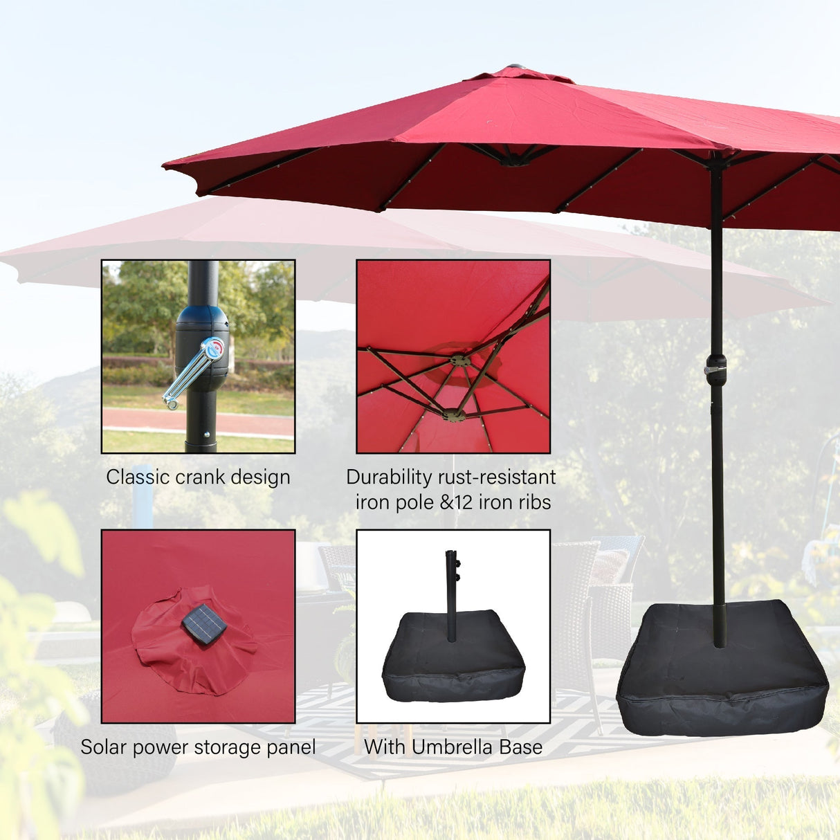 15x9ft Large Double-Sided Rectangular Outdoor Patio Umbrella with Light and Base - Red