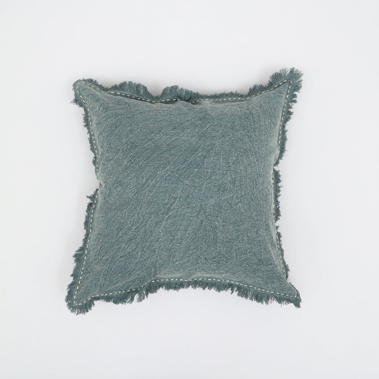 Stonewashed Linen Throw Pillow with Handworked Edges & Fringe - 22x22
