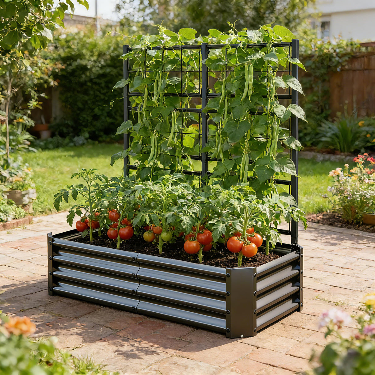 4x2x1FT Galvanized Raised Garden Bed with Arch Trellis