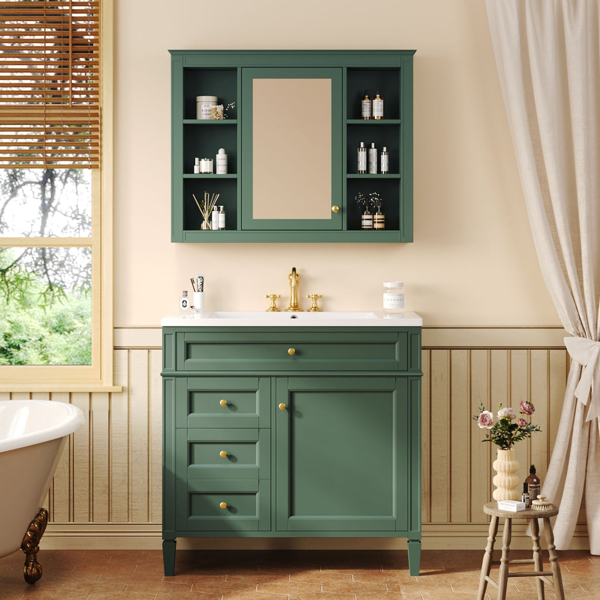 Bathroom Vanity with Mirror Cabinet, Single Sink with 2 Soft Closing Doors and 4 Drawers
