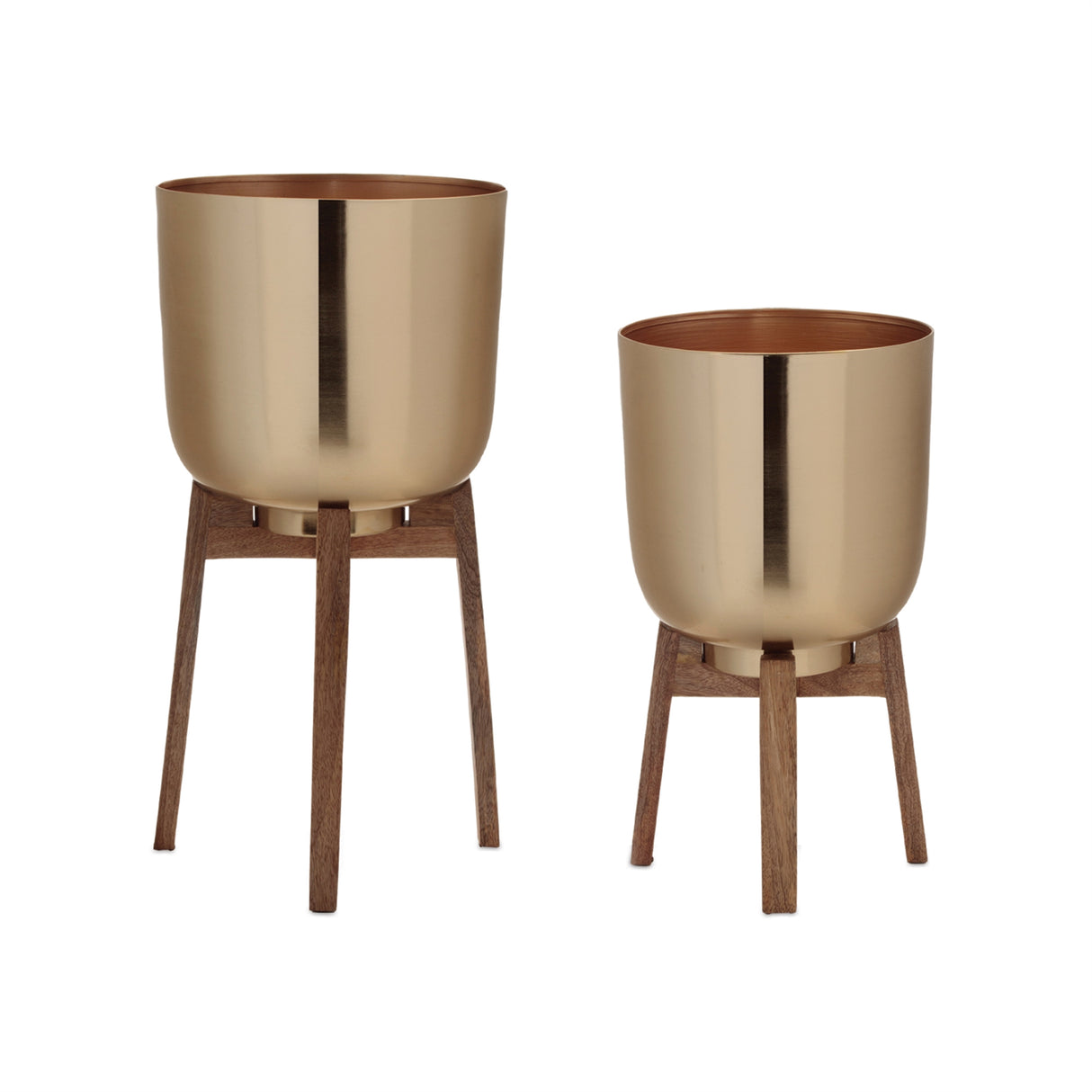 Round-Metal-Planter-with-Wooden-Stand-(Set-of-2)-Pots-&-Planters