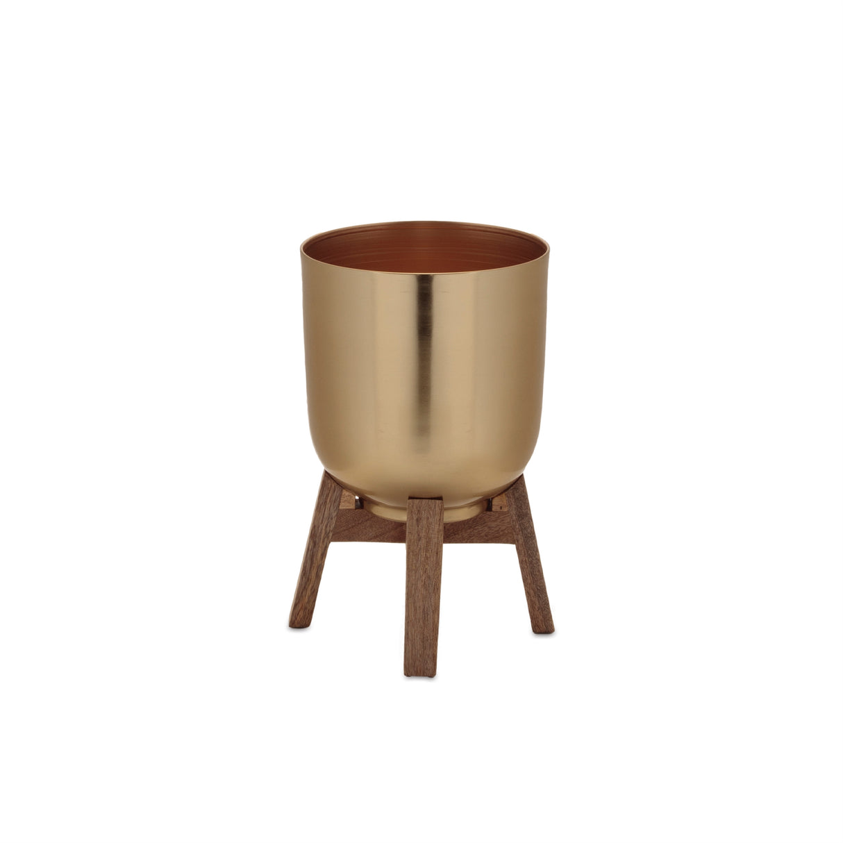 Round Metal Planter with Wooden Stand (Set of 2)