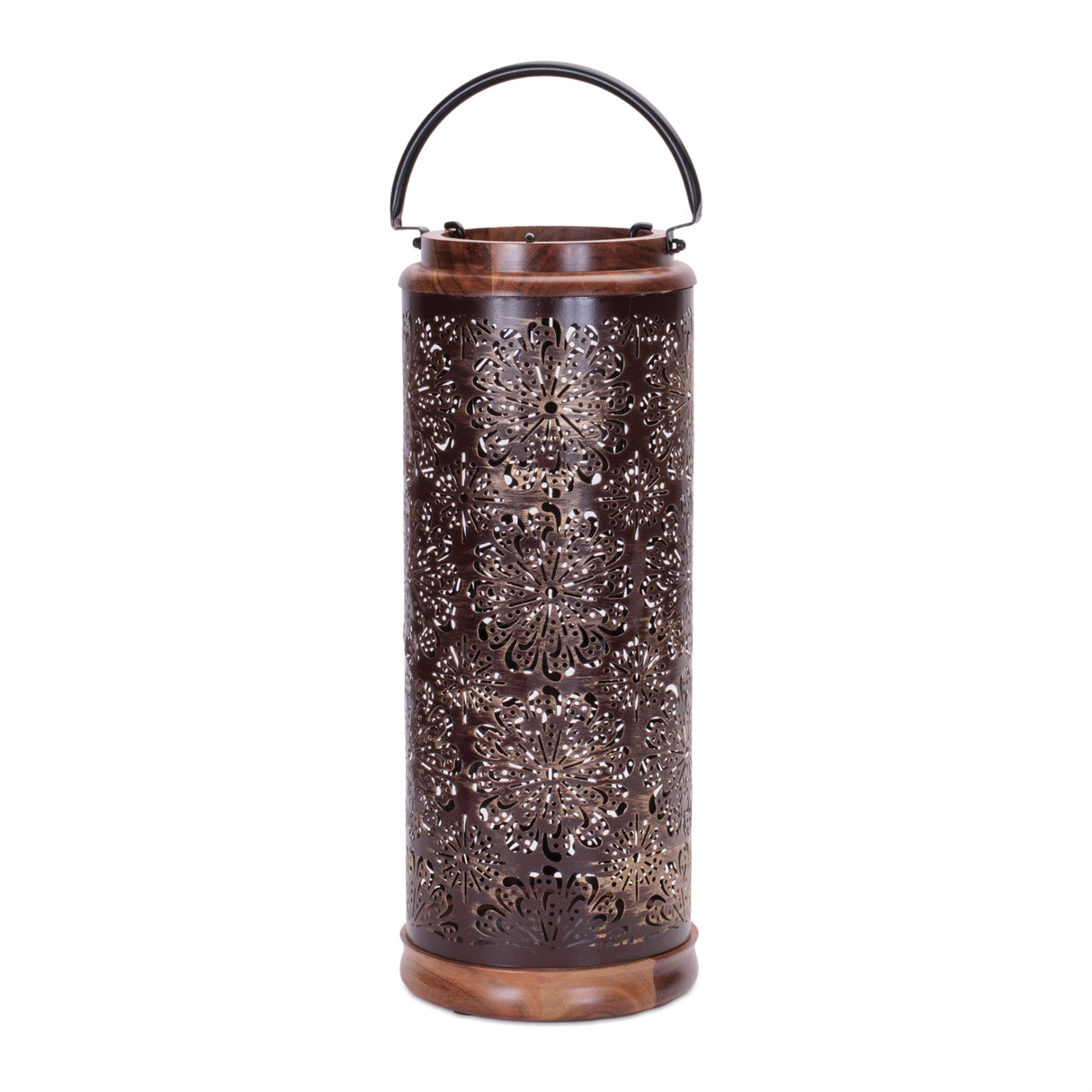 Punched Metal Lantern with Natural Wood Accents 19"H
