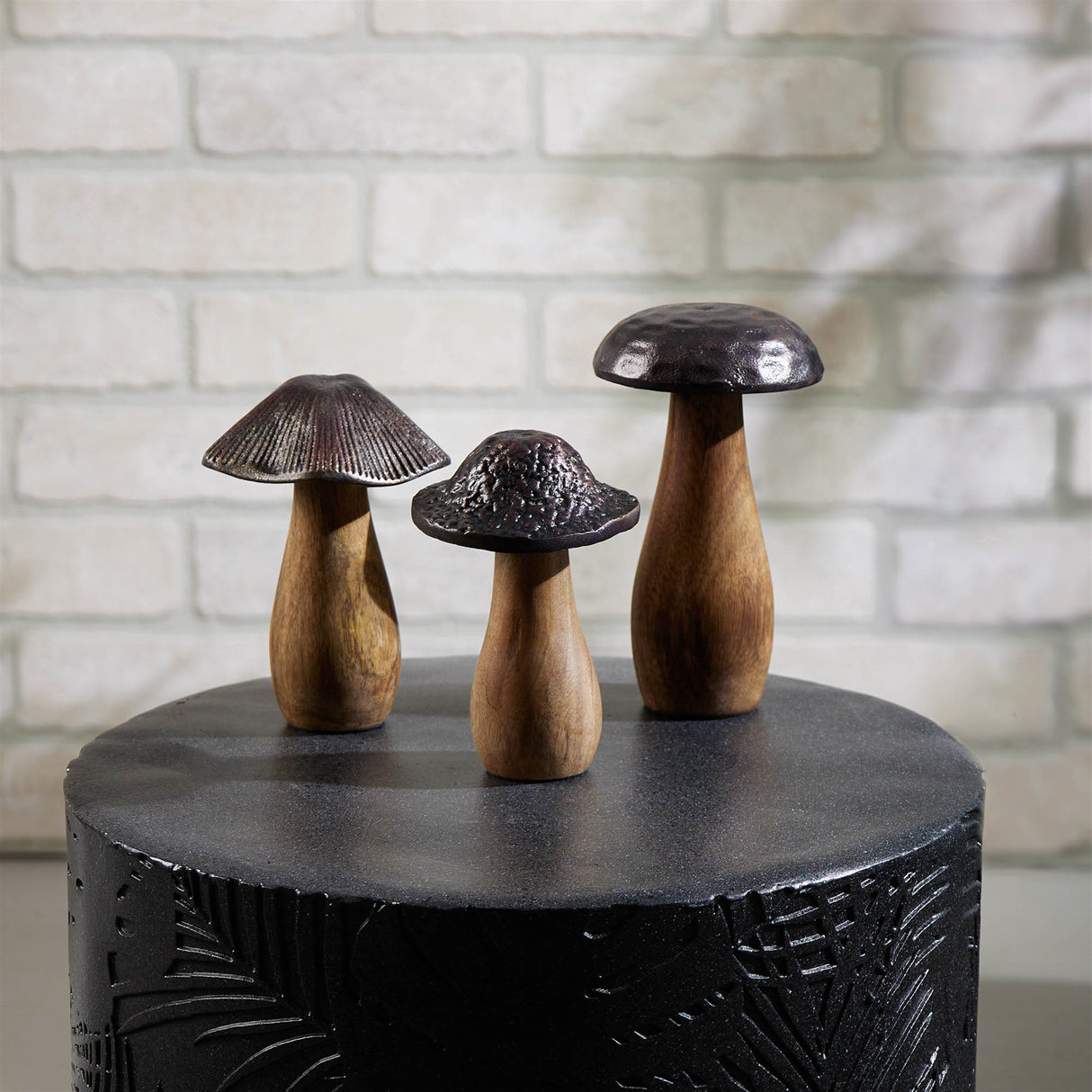Wood mushrooms with aluminum top (set of 3)