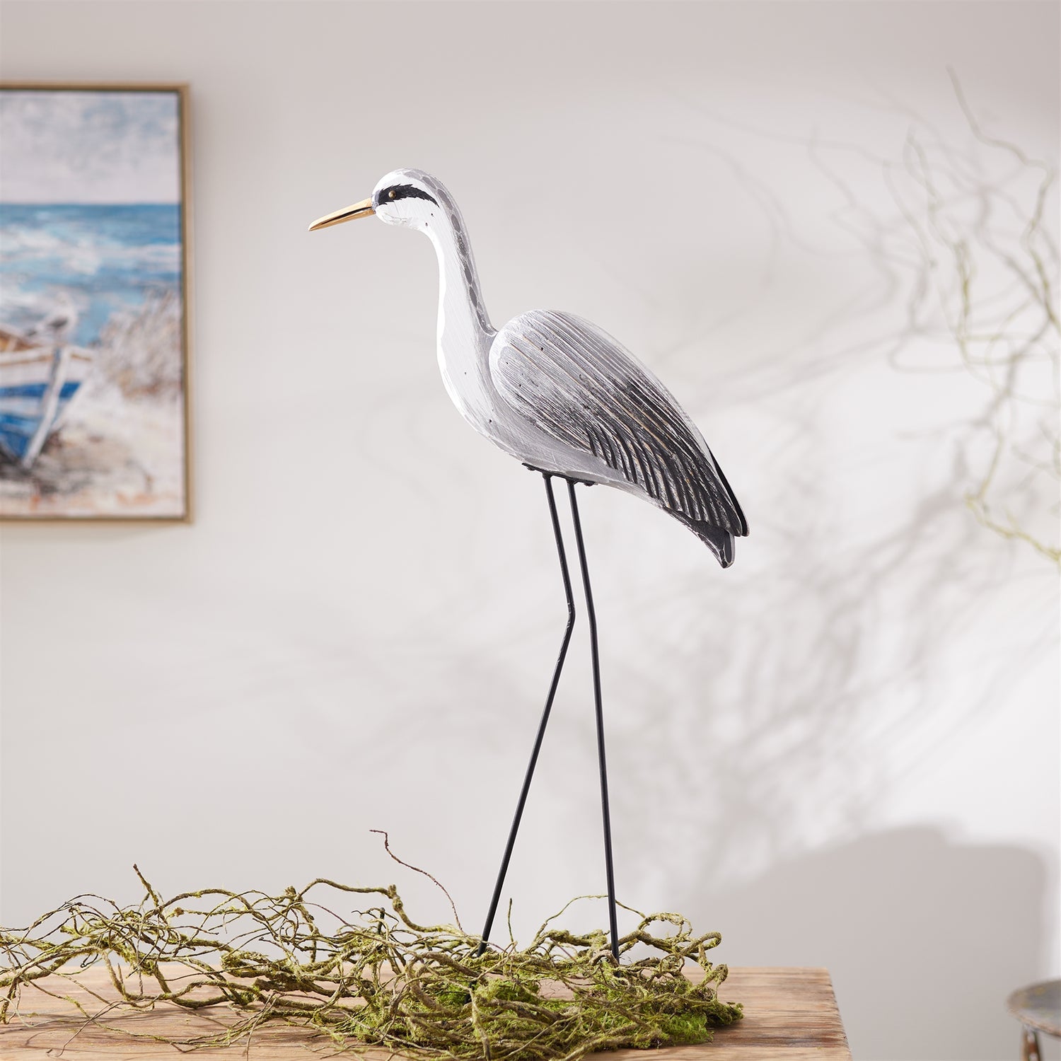 Paulownia Wood Heron Bird Statue with Metal Legs Base 29.5"H