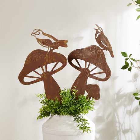 Metal-Bird-and-Mushroom-Garden-Stake-(Set-of-2)-Garden-Decor