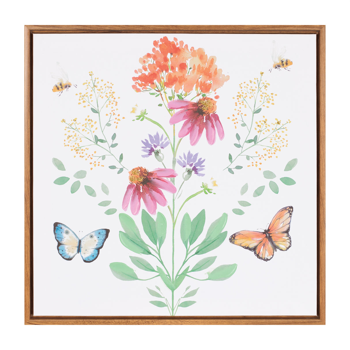 Framed floral and butterfly wall art 15.5"sq