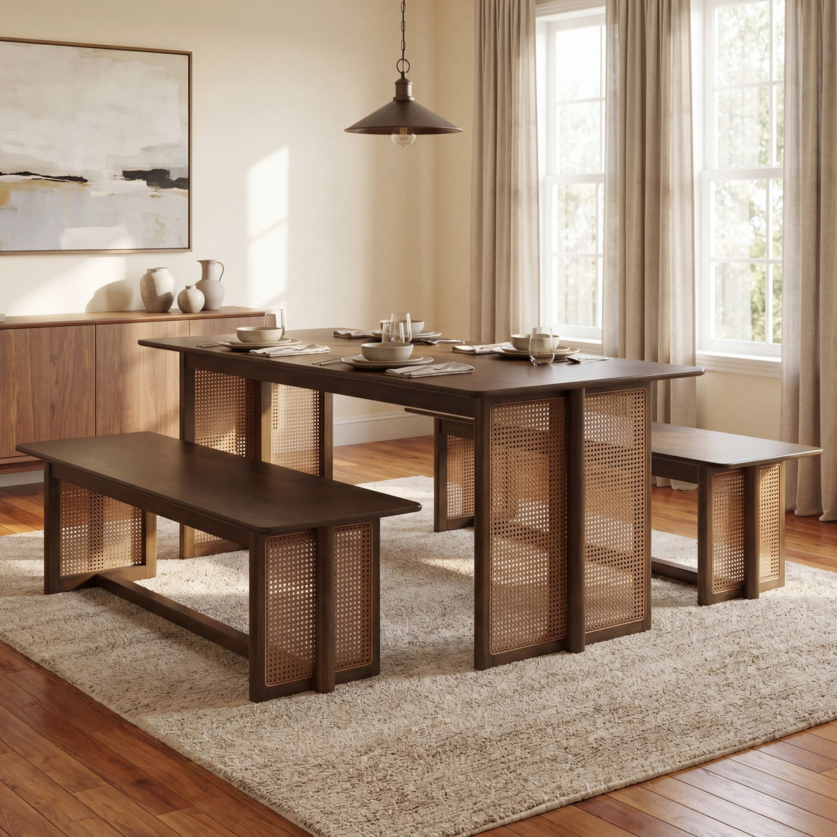Walnut-Colored Rubber Wood Dining Set with Plastic Rattan
