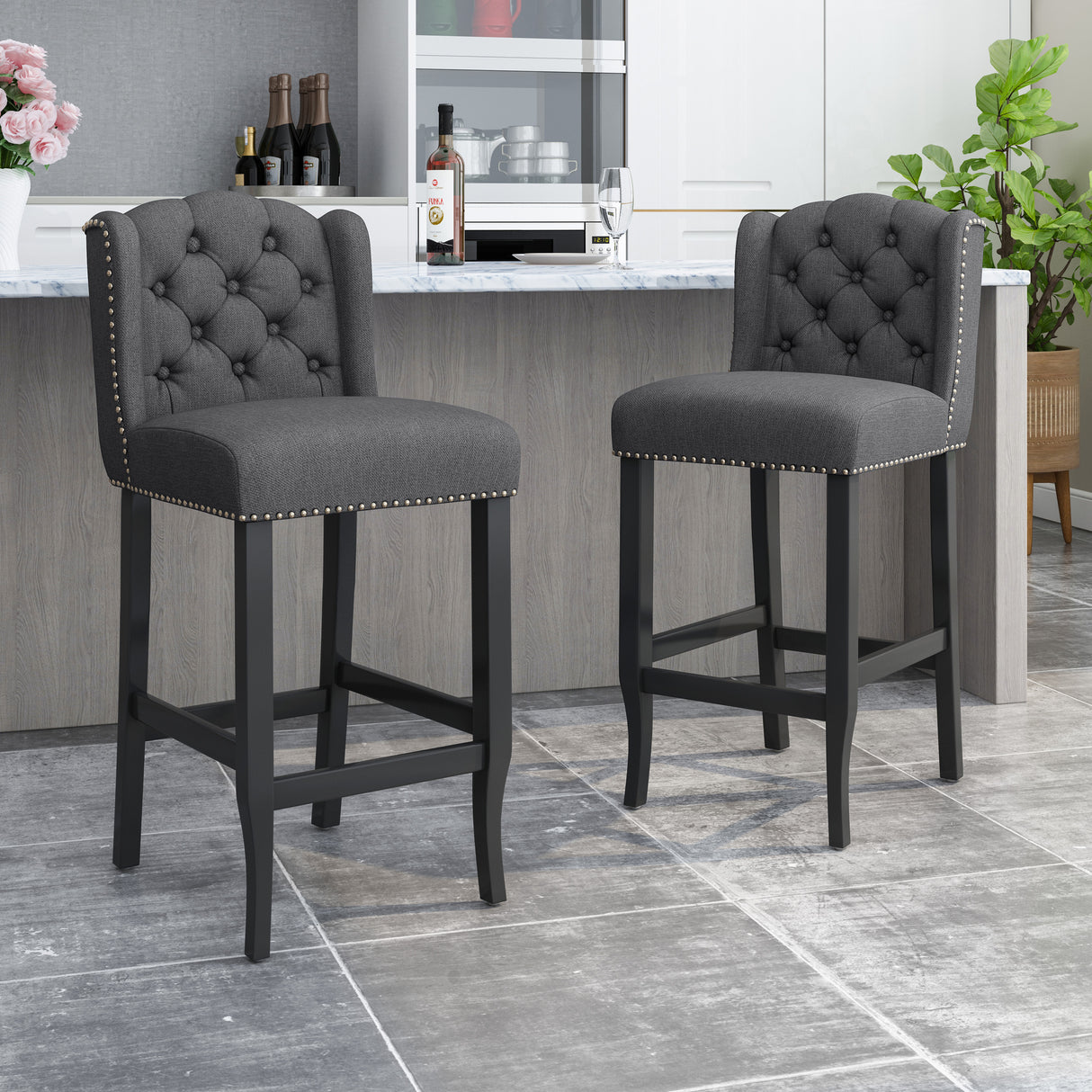 Fabric-Tufted-Counter-Stool-with-Nailhead-Accents,-Set-of-2,-Charcoal-Counter-Stools