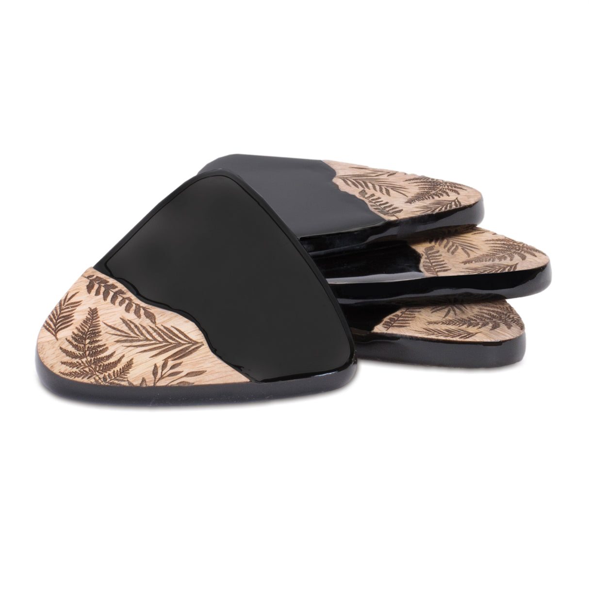 Floral etched wood coaster with holder (set of 4)