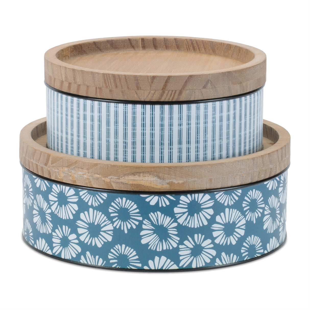 Metal patterned canister with natural wood lid (set of 2)