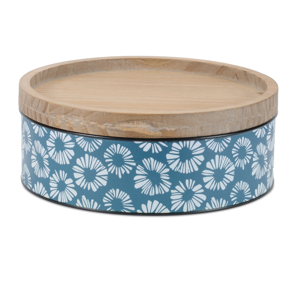Metal patterned canister with natural wood lid (set of 2)