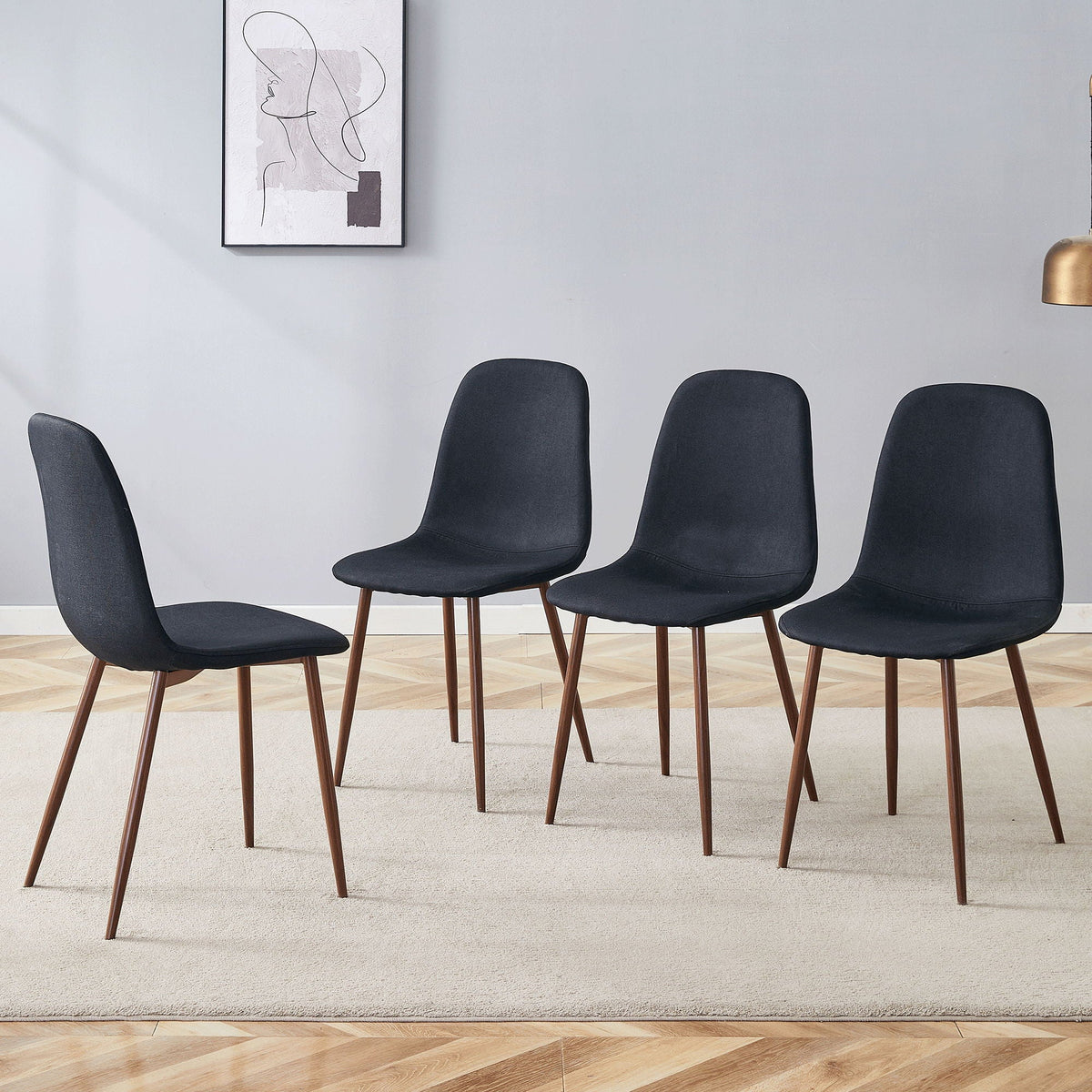 Luxury Simple Chair (Set of 4) Linen Cotton High Resilience Dining Chair With Metal Color Leg - Black / Walnut