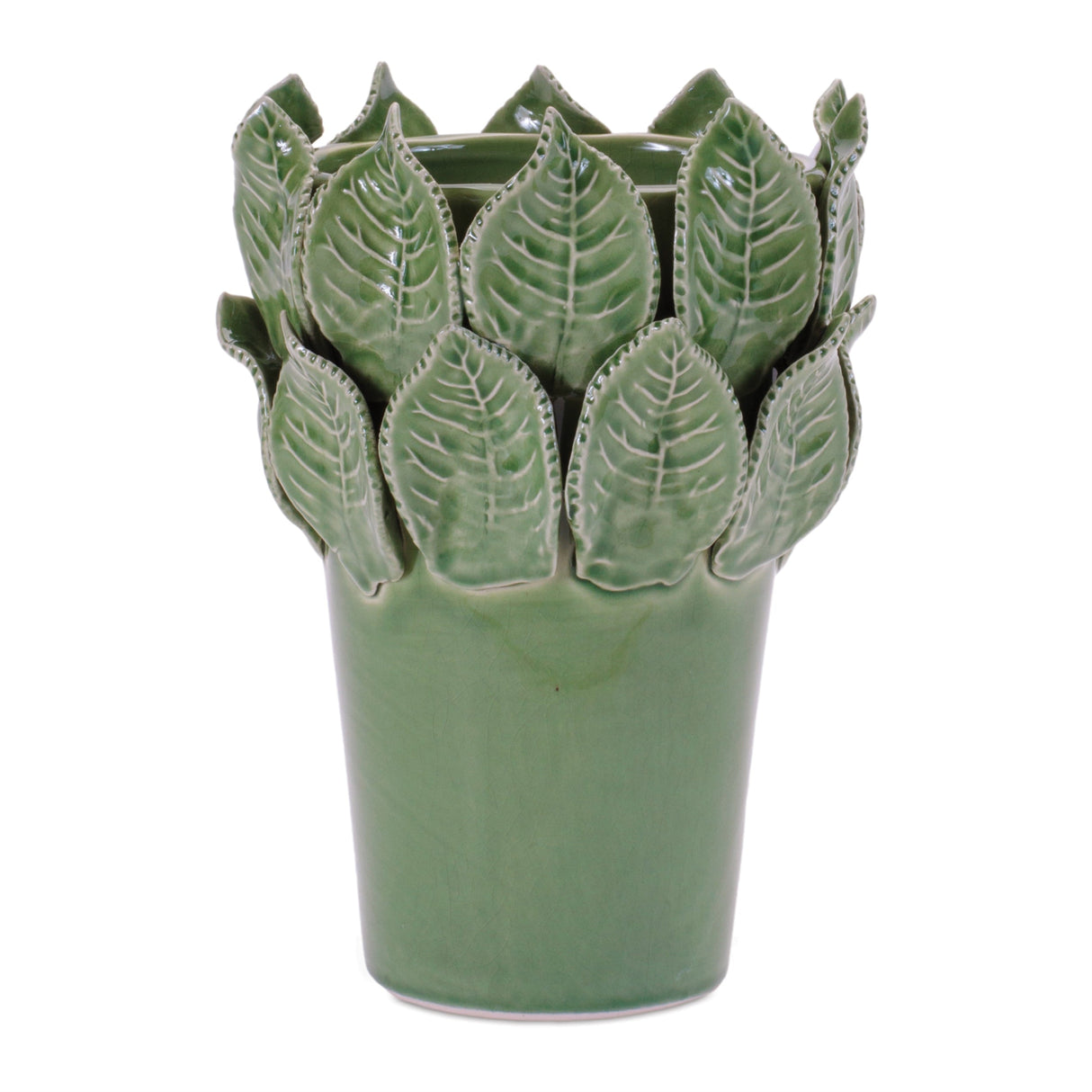Stoneware Vase with Leaves Accent 7.5"H