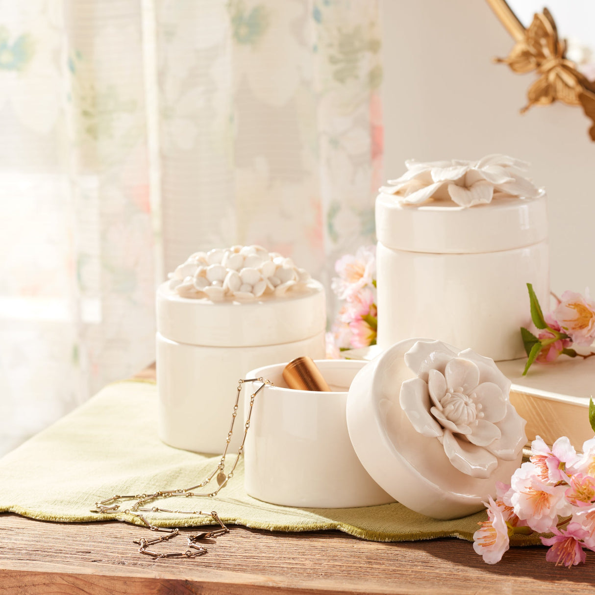 Stoneware Box with Floral Lid Accent (Set of 3)