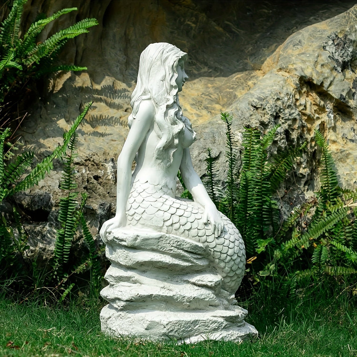 20" H Mermaid on Ocean Rock Garden Statue Resin Outdoor Sculpture