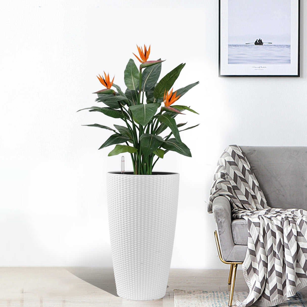 Faux Rattan Tall Planters Set with Water Level Monitor and Automatic Watering