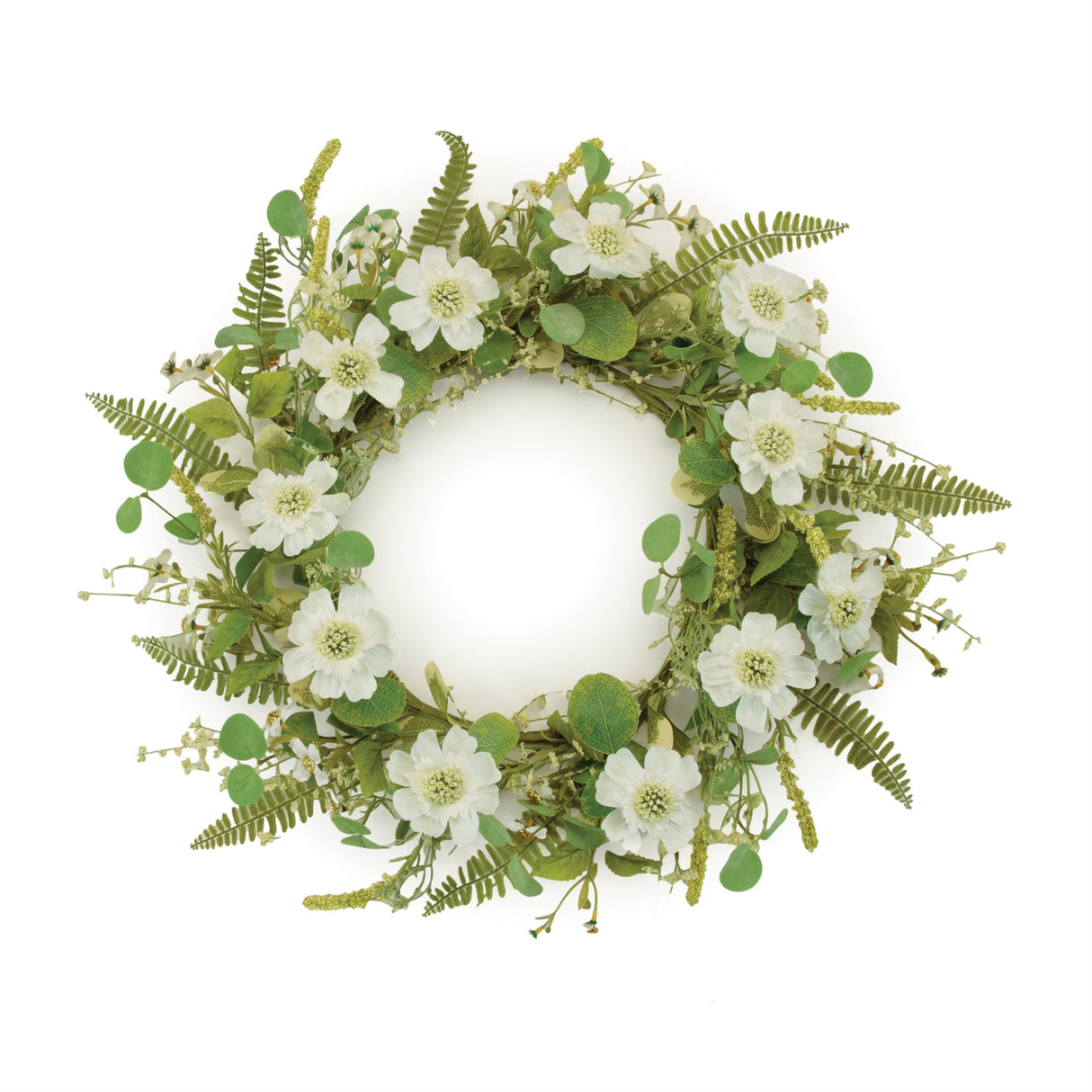 Mixed Pincushion Floral Wreath 22"D; White