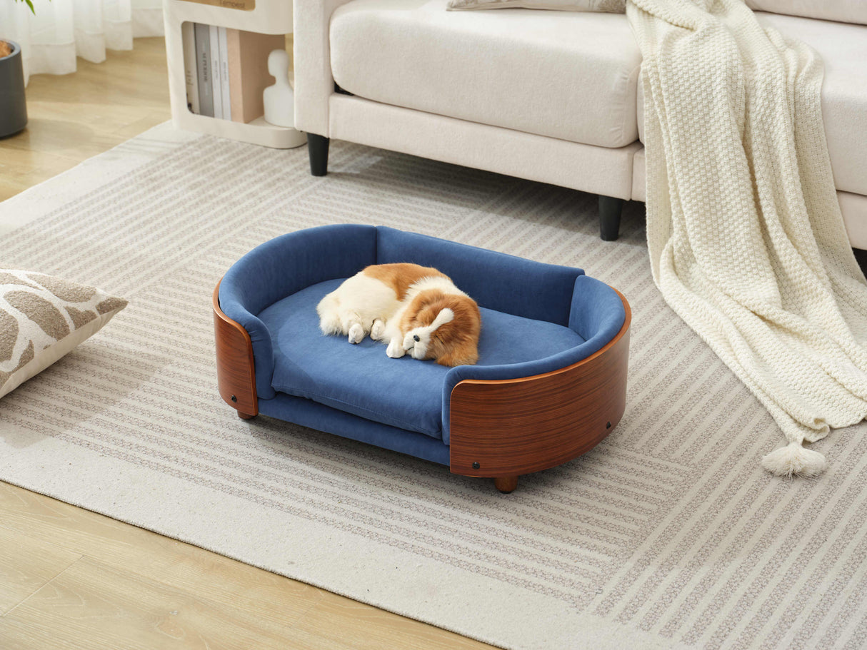 Scandinavian Style Elevated Dog Bed Mid Size Dark Blue Velvet