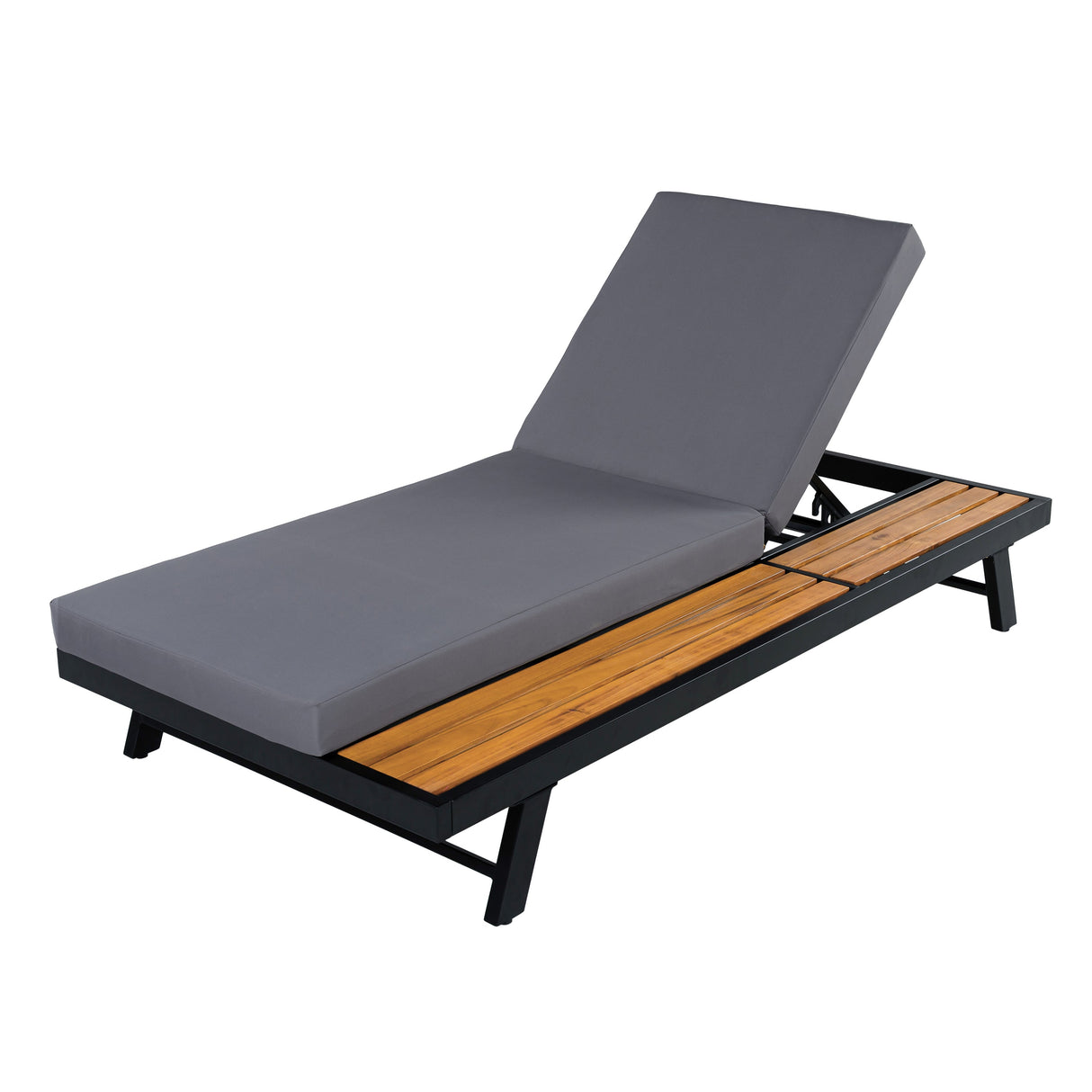 Black Iron + Teak Finish Chaise Lounge Set with Dark Grey Cushion
