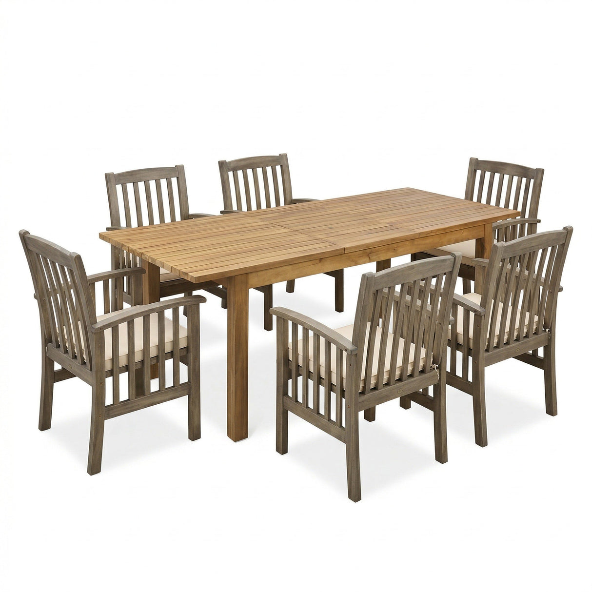 7 Pieces Acacia Wood Outdoor Dining Set with 6 Chairs and Large Table