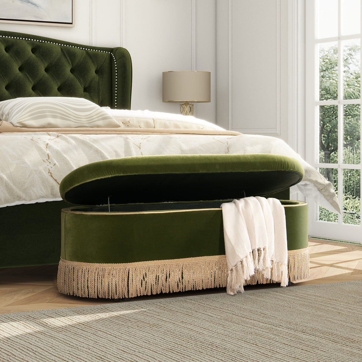 Melinda-48.5'-Oval-Tufted-Bullion-Fringe-Storage-Bench,-Olive-Green-Performance-Velvet-