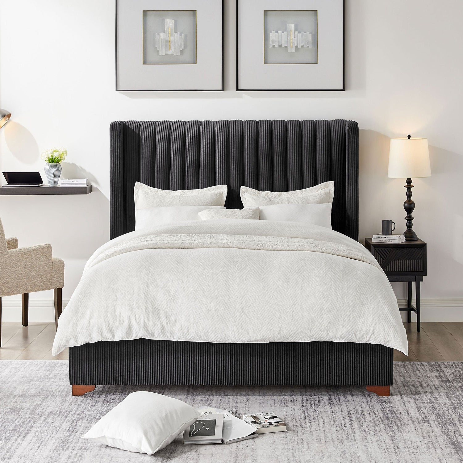 Corduroy Upholstered Wingback Bed Frame, No Box Spring