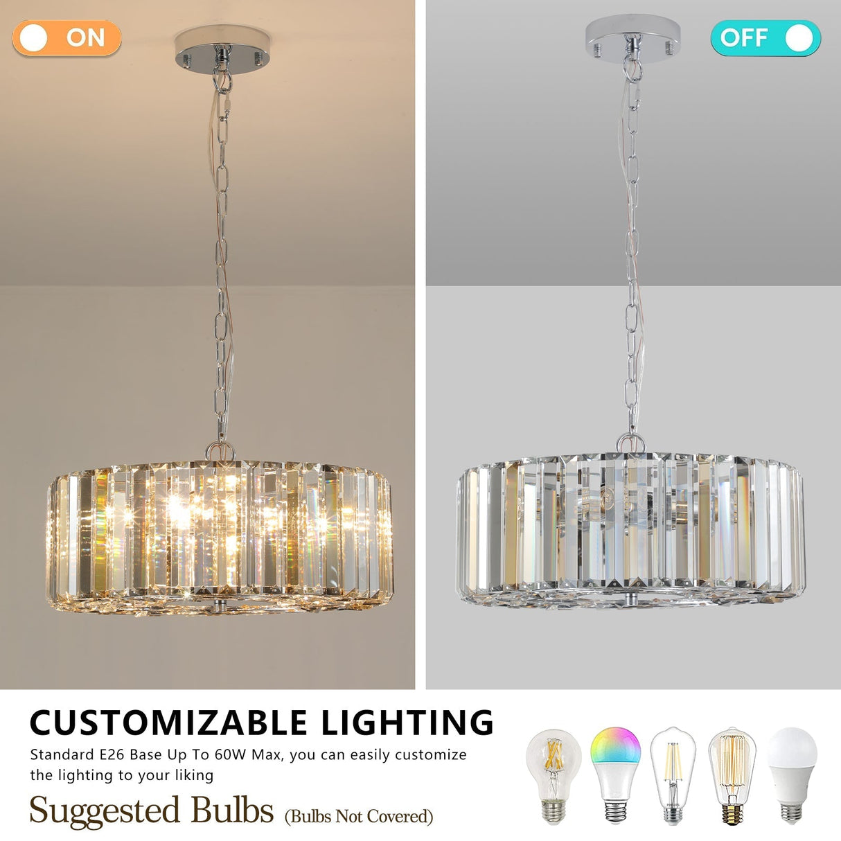 17' Chrome Crystal Pendant Chandelier, Modern Hanging Light Fixture with Adjustable Height, 4-Light E26 Base for Living Room, Dining Room, or Kitchen (No Bulbs)