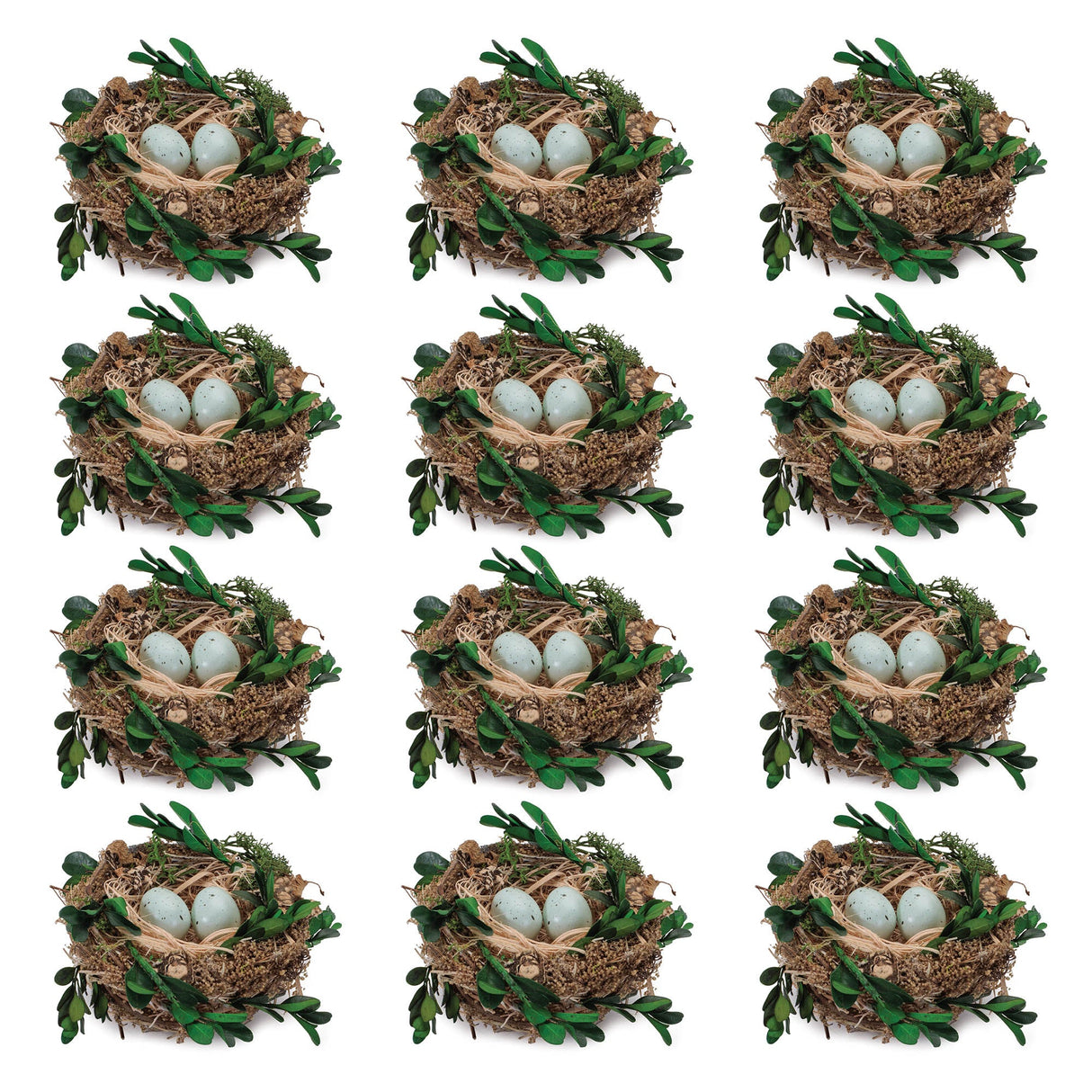 Twig Bird Nest with Eggs and Boxwood Foliage (Set of 12)