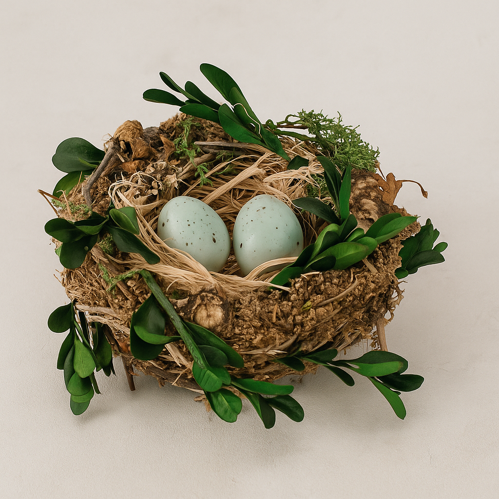 Twig Bird Nest with Eggs and Boxwood Foliage (Set of 12)