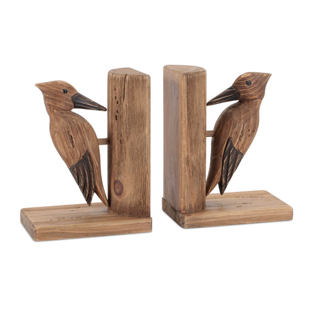 Pine-wood-woodpecker-bird-bookend-(set-of-2)-Decorative-Objects
