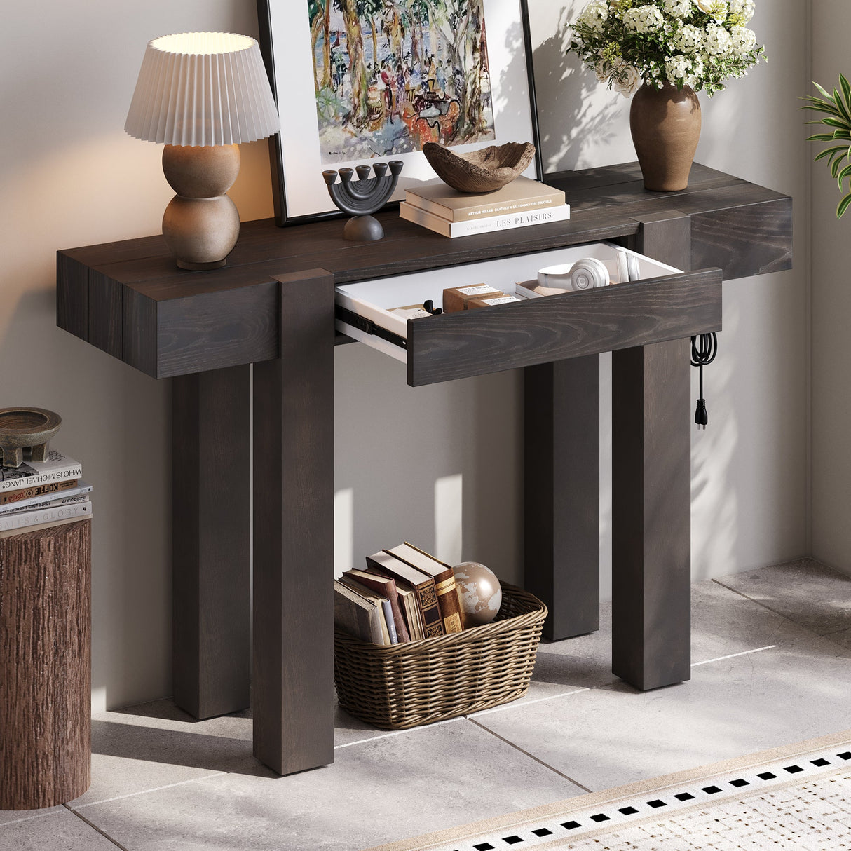 TREXM Rustic Minimalist Console Table with Hidden Drawer