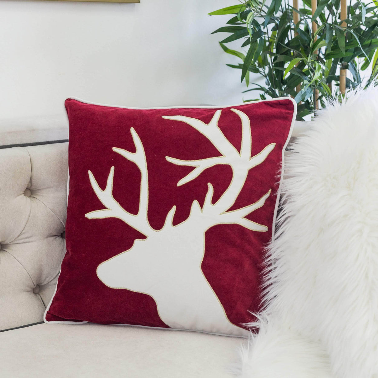 Holiday Reindeer Velvet Accent Pillow 20x20 – Red and White with Insert