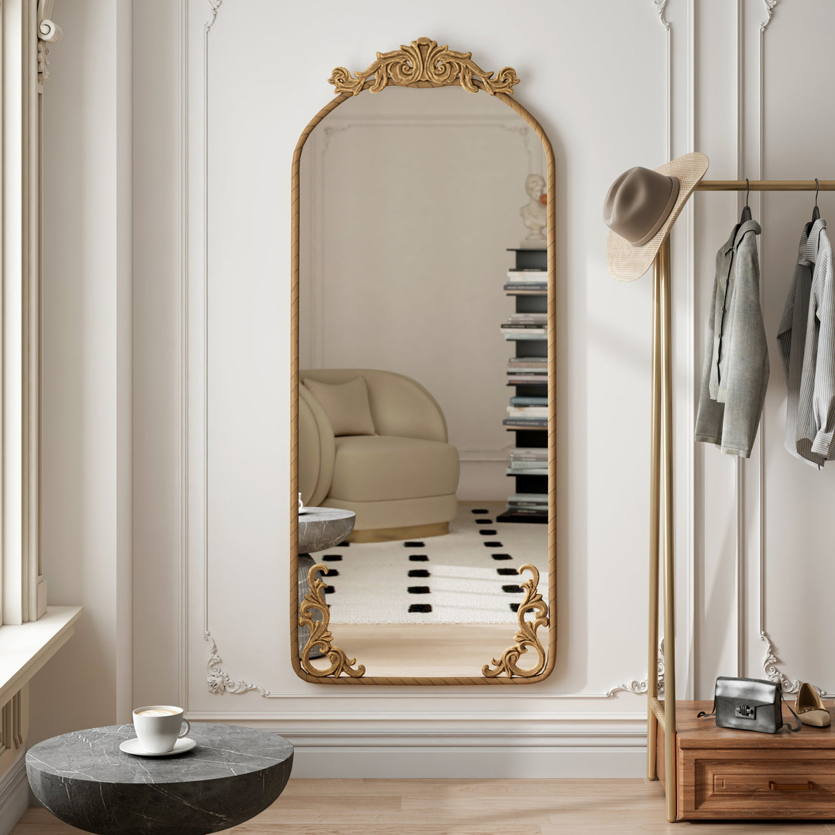 Retro Arched Full Body Mirror with Vintage Carved Applique