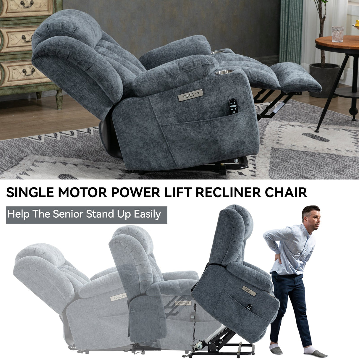 Chenille Power Lift Recliner Chair with Massage & Heating
