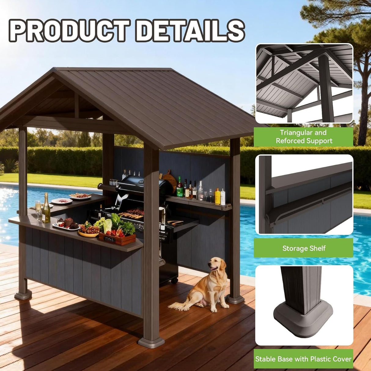 9.4X6.2 FT Hardtop Grill Gazebo, Gable Outdoor Grill Gazebo with Storage Shelves & Resin Shade System, Galvanized Steel Metal Hard top Gazebo for Patio Backyard Garden -Brown