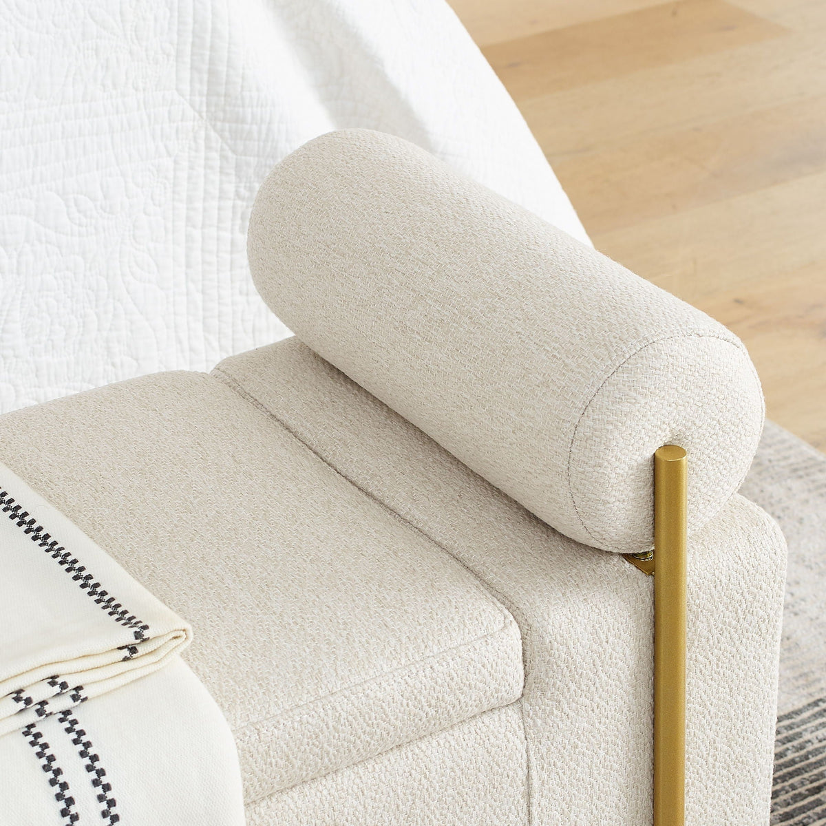 Elegant Upholstered Storage Bench With Cylindrical Arms And Iron Legs,