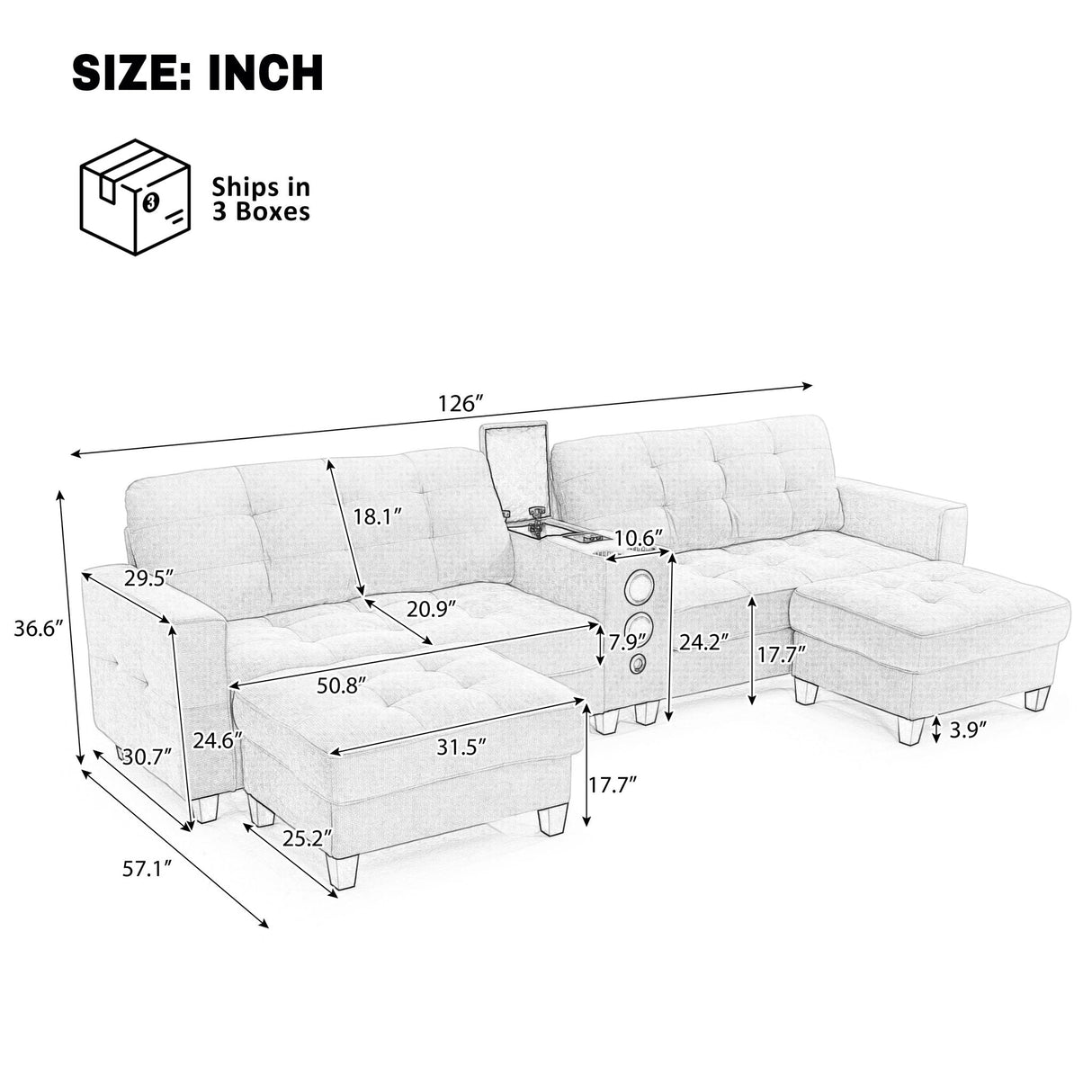 Modern Sectional Sofa U-Shaped With Movable Ottomans, Bluetooth Speakers, LED Lights And Modular Storage