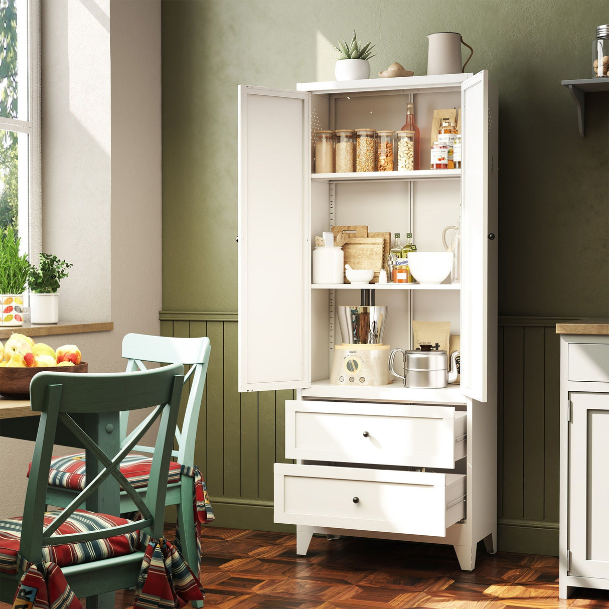 Pantry Cabinet With 2 Drawers, Adjustable Shelves, Freestanding Kitchen Storage Organizer - White