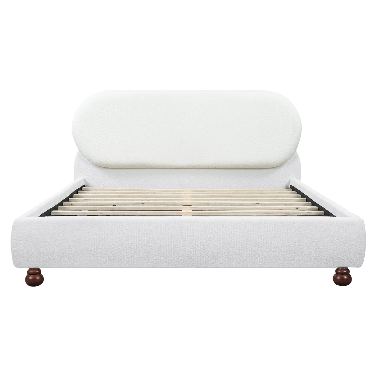Cream-colored Boucle Upholstered Bed with Rubber Wood Foot, Queen