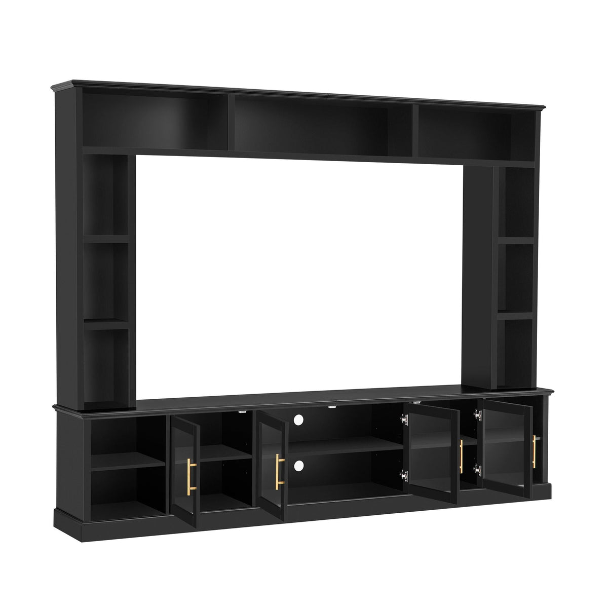 All-In-One Entertainment Center With Bookshelves & Tempered Glass Doors, TV Console Unit For Living Room