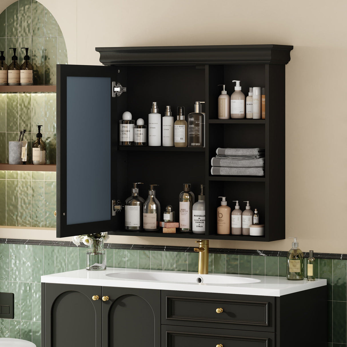 Wall Mounted Bathroom Medicine Cabinet with Mirror and Adjustable Storage