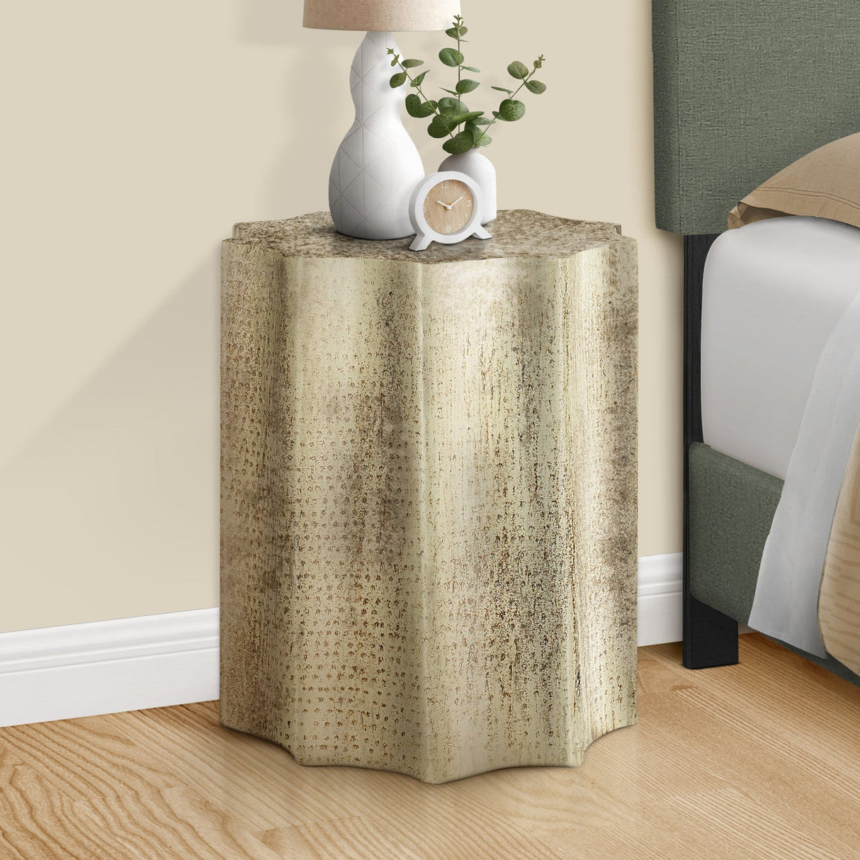 Artifact End Table with Scalloped Design and Hammered Texture