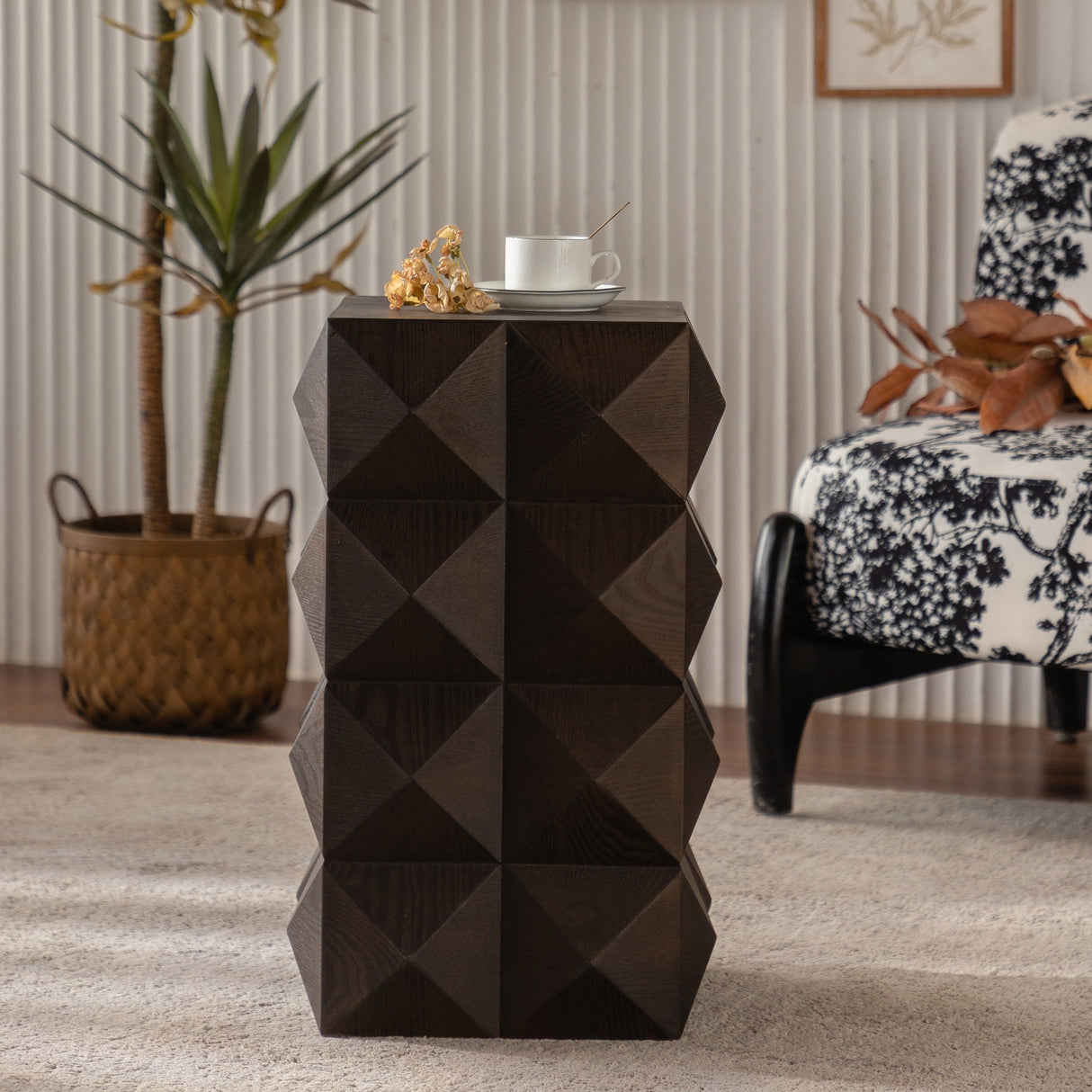 Retro Wooden Side Table with 3D Embossed Design