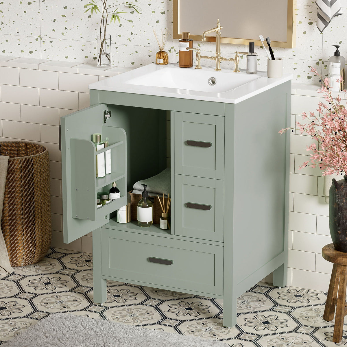 Bathroom Vanity with Sink, Soft-Close Doors & 3 Drawers - White, Black, Green