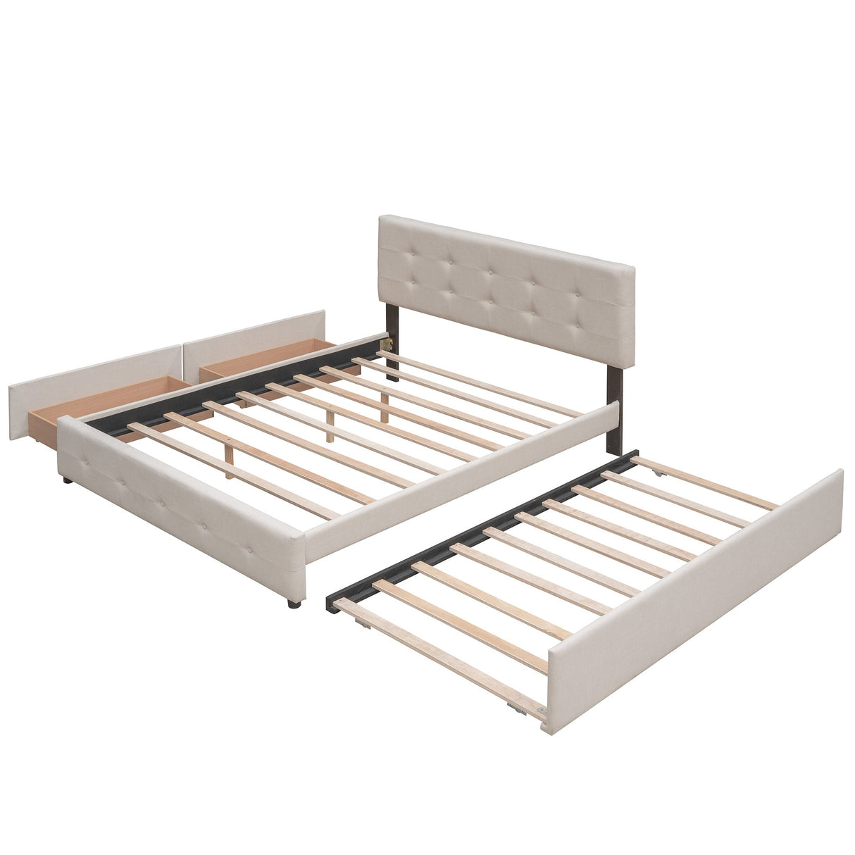 Upholstered Platform Bed with 2 Drawers and 1 Twin XL Trundle, Linen Fabric, Queen Size - Dark Beige(OLD SKU :LP100314AAA)